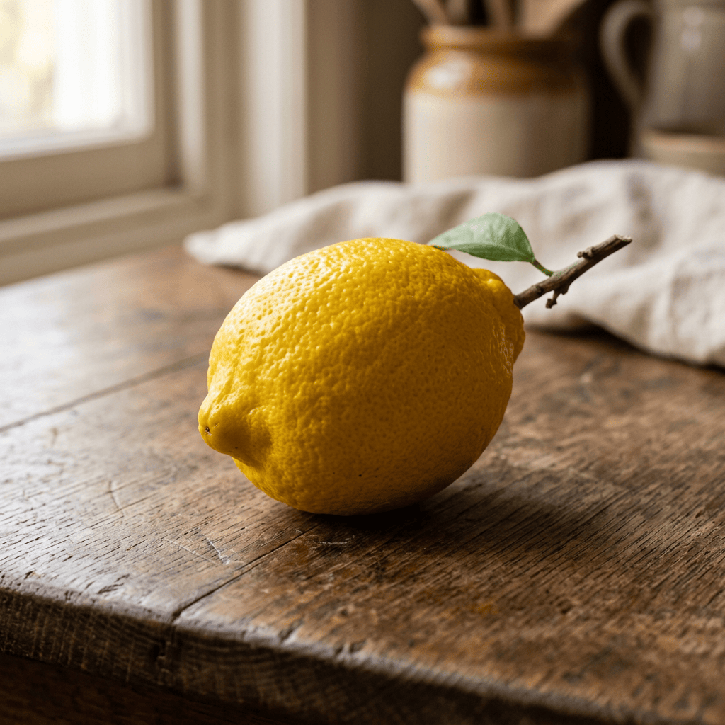Bright yellow lemon with leaf on a rustic wooden table